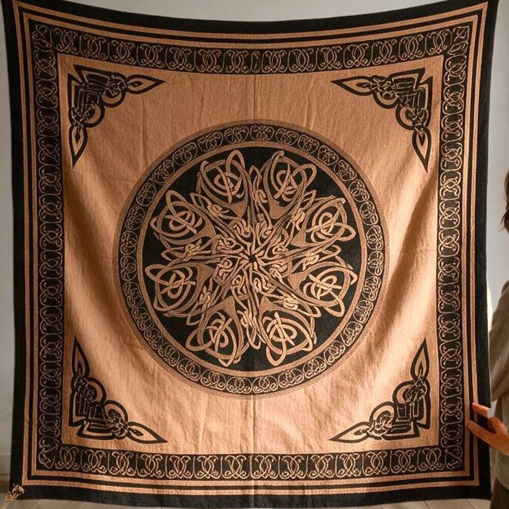 Vintage Y2K India Arts Celtic Knot Tapestry Double Cotton Bedspread SD74